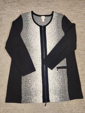 Chico's Long Zip Cardigan Womens 3/XL Black White Textured Modest Office Event